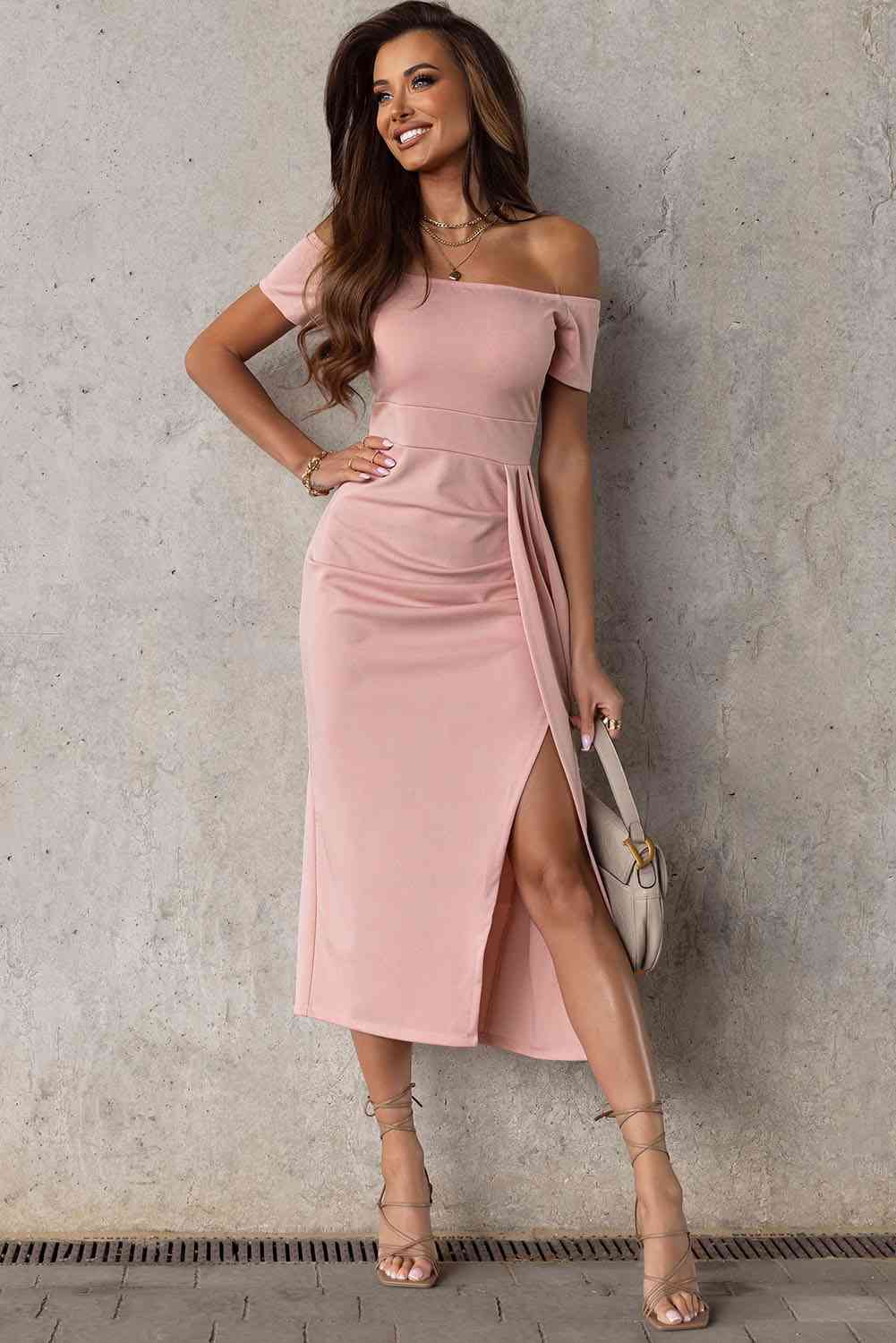 “The Cassie” Off-Shoulder Short Sleeve Split Dress