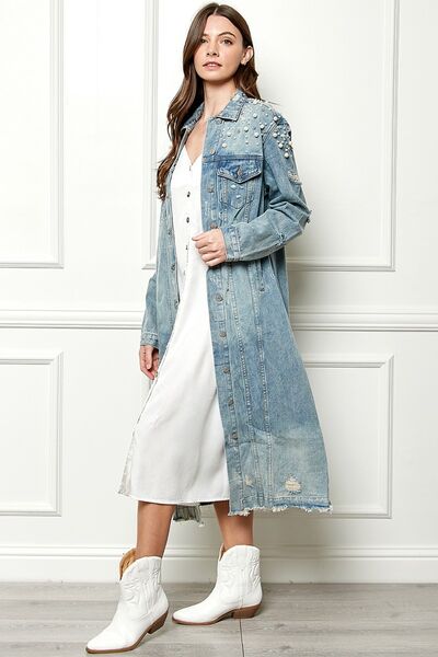 “The Veveret” Full Size Distressed Raw Hem Pearl Detail Button Up Jacket