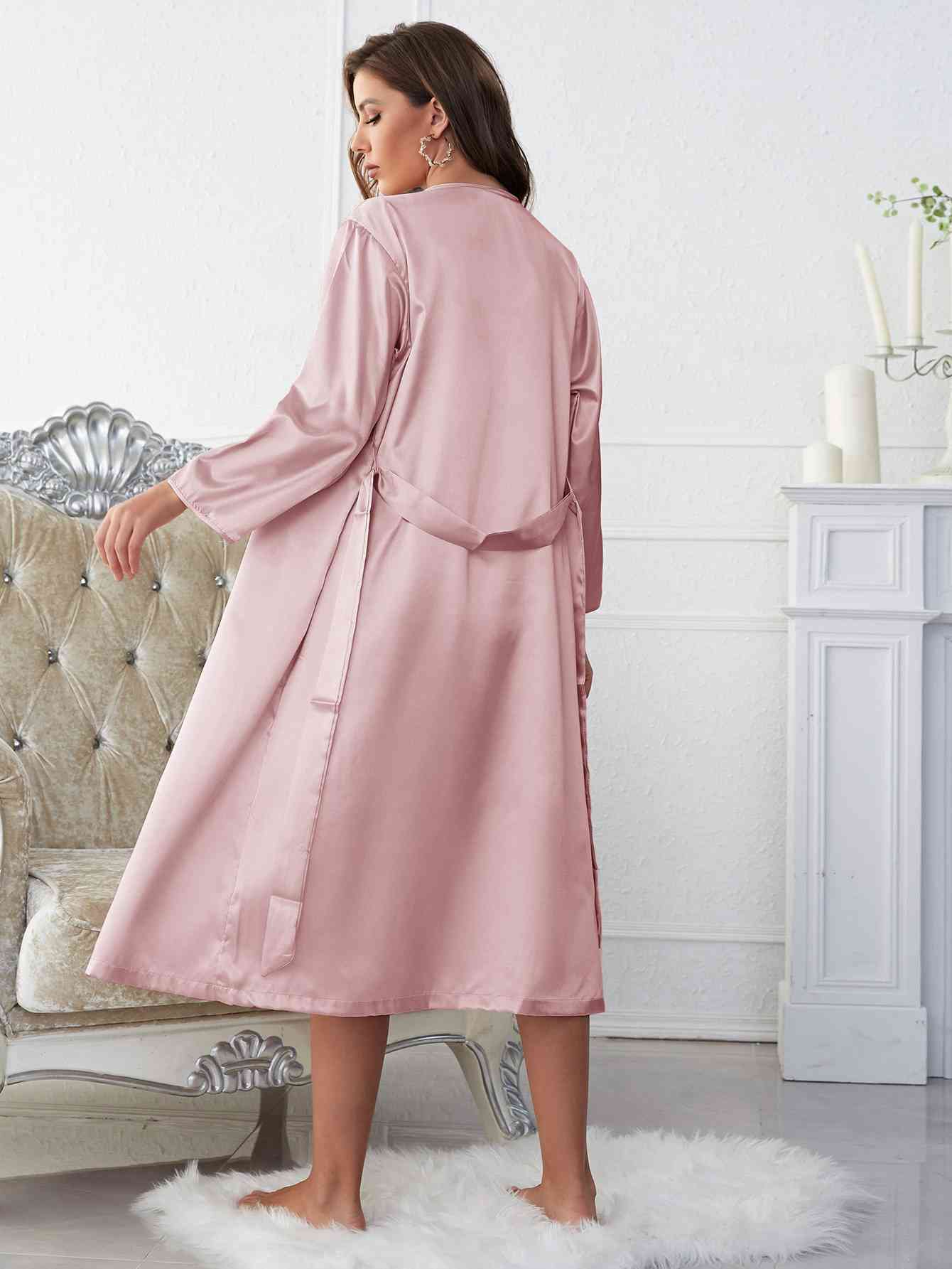 “The Stacey” Satin V-Neck Cami, Shorts, and Belted Robe Pajama Set