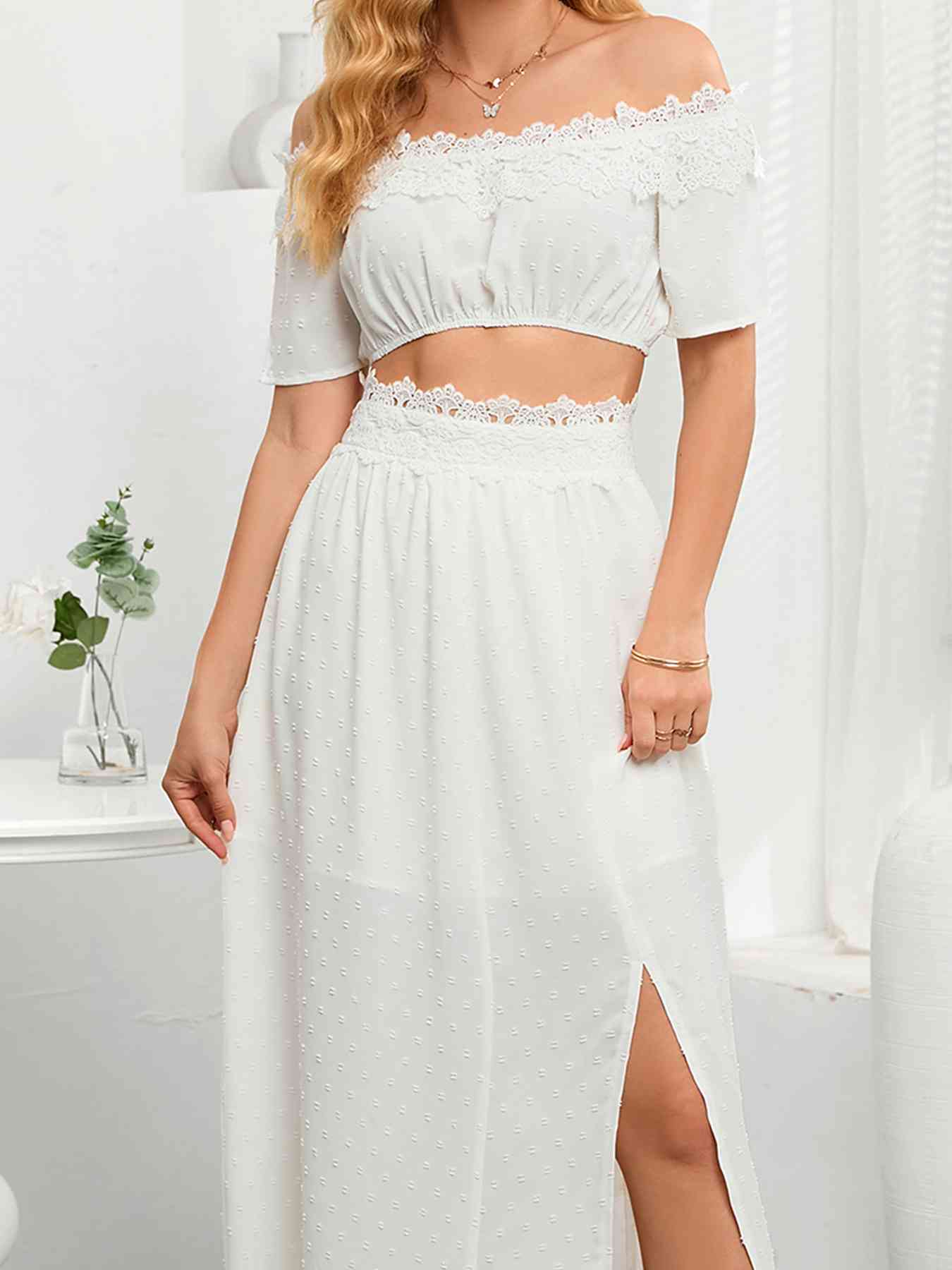 “The Swiss Miss” Dot Lace Trim Cropped Top and Slit Skirt Set