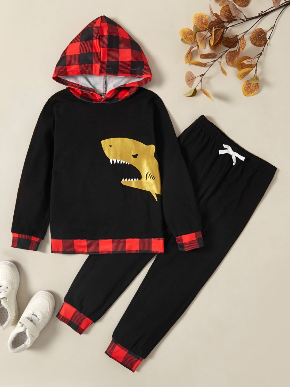 Shark Graphic Plaid Hoodie and Drawstring Pants Set