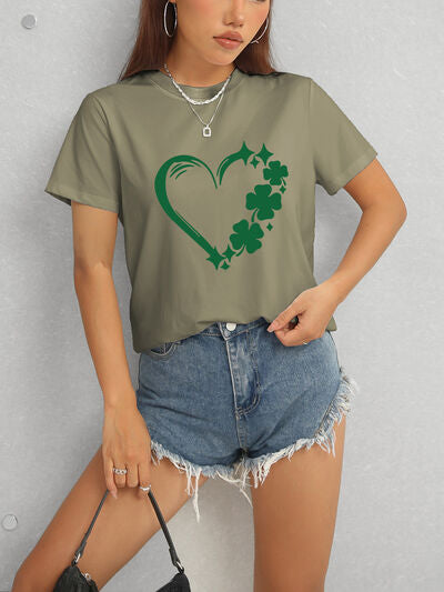 Heart Lucky Clover Round Neck Short Sleeve T-Shirt