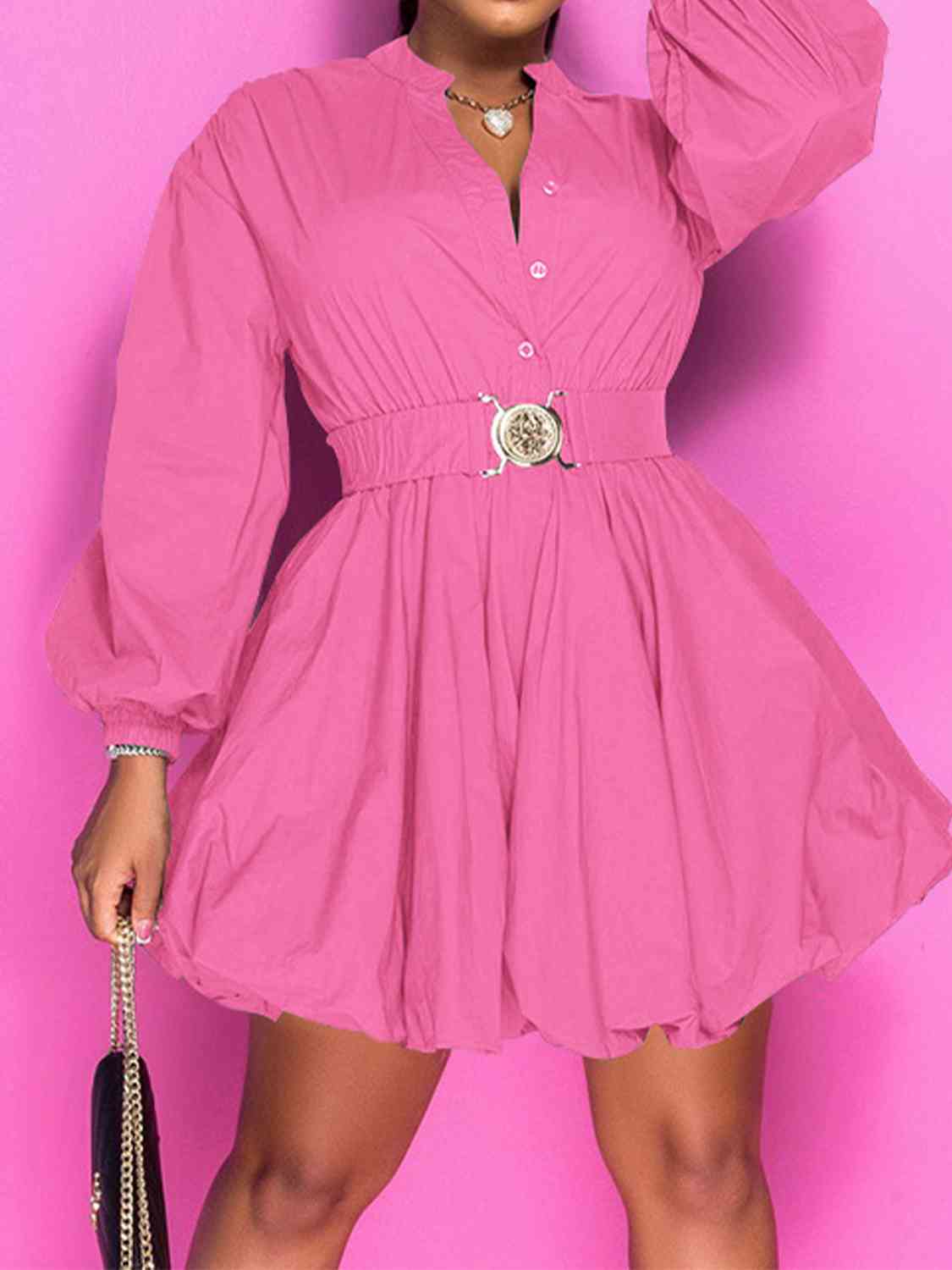 Birthday Fee Notched Button Up Balloon Sleeves Dress