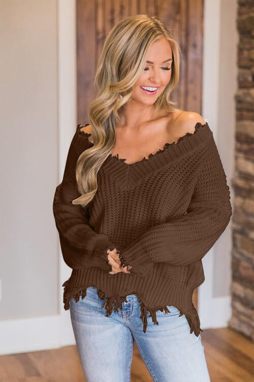 “The Deeply Loved” Frayed Hem Dropped Shoulder Sweater