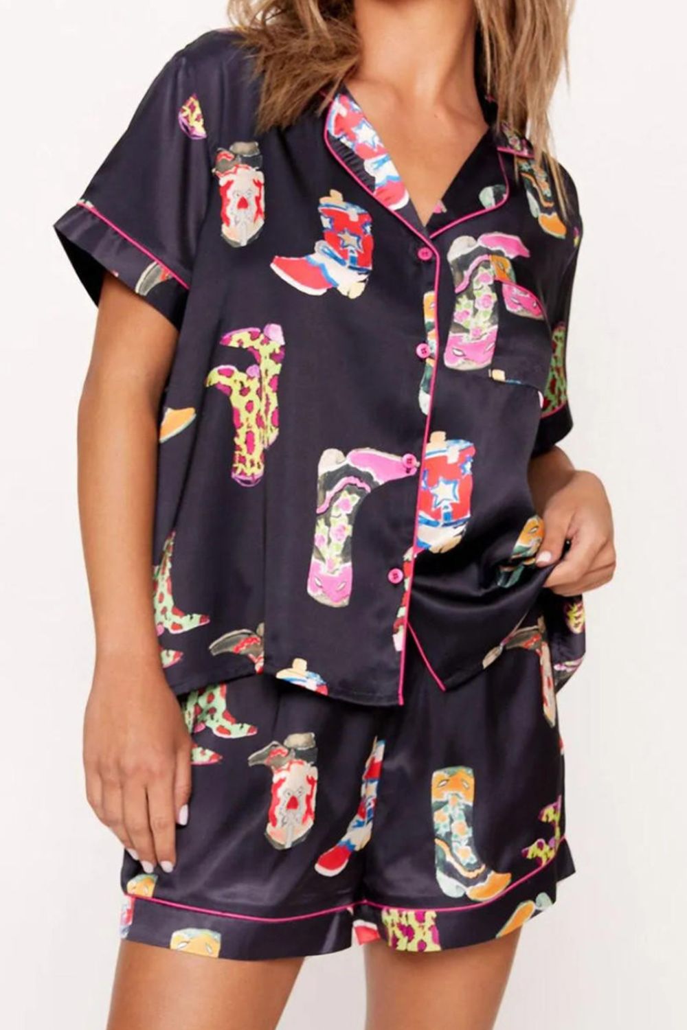 “The Sleepy Cowgirl” Printed Button Up Short Sleeve Top and Shorts Lounge Set