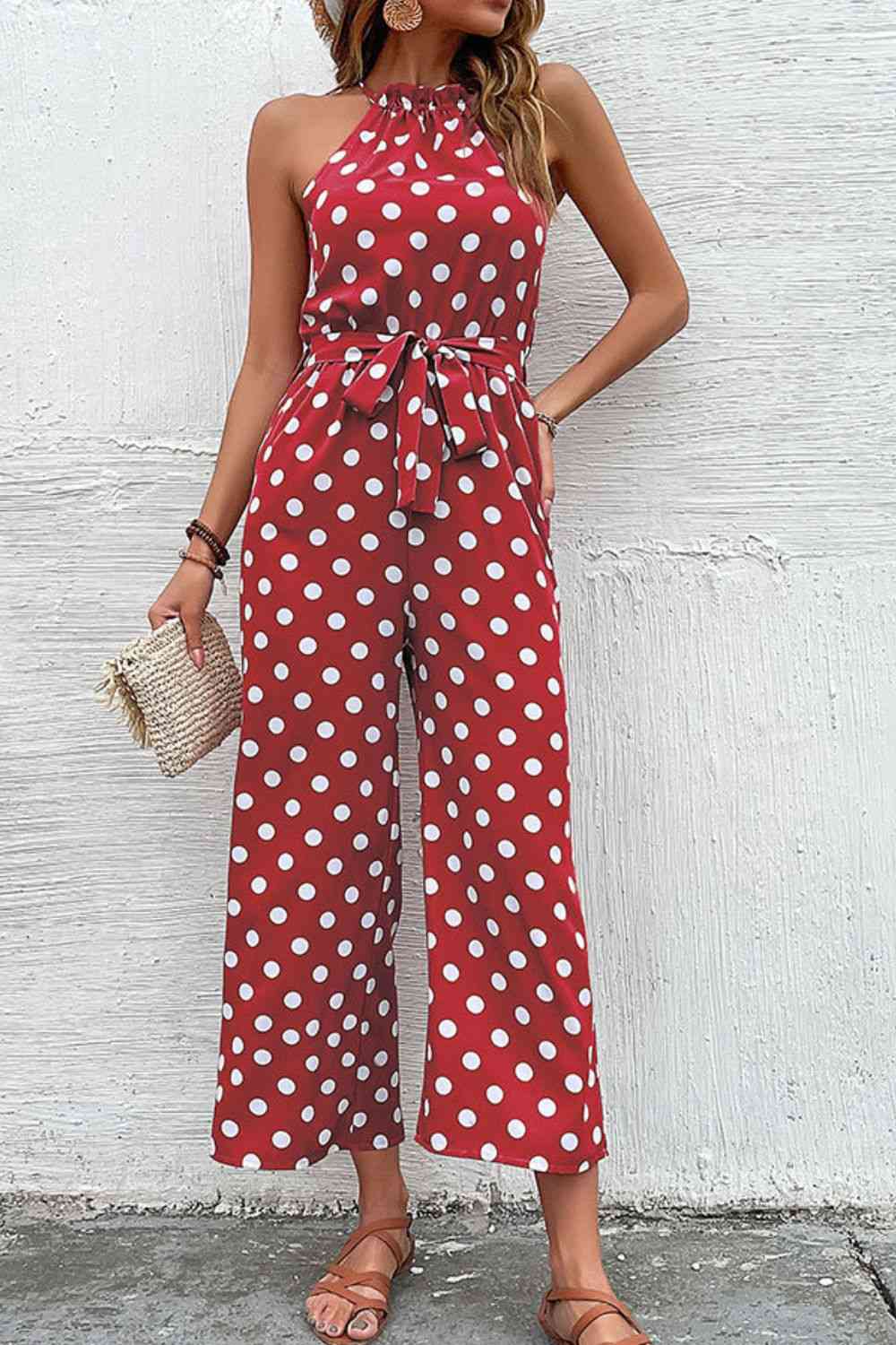 “The Corporate Picnic” Polka Dot Grecian Wide Leg Jumpsuit