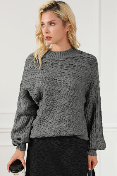 “The Y2Cable”-Knit Mock Neck Dropped Shoulder Sweater