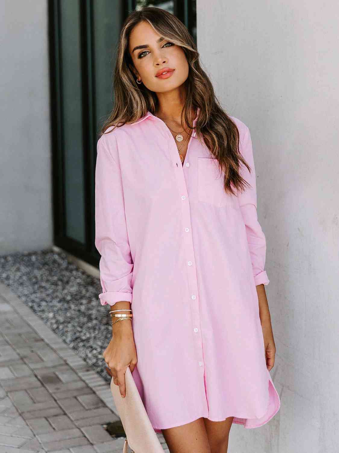 “The Bayside Fee” Button Up Collared Neck Long Sleeve Shirt Dress