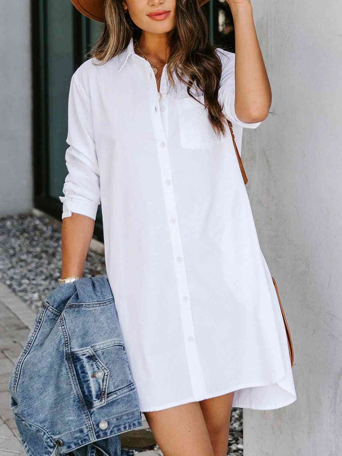 “The Bayside Fee” Button Up Collared Neck Long Sleeve Shirt Dress