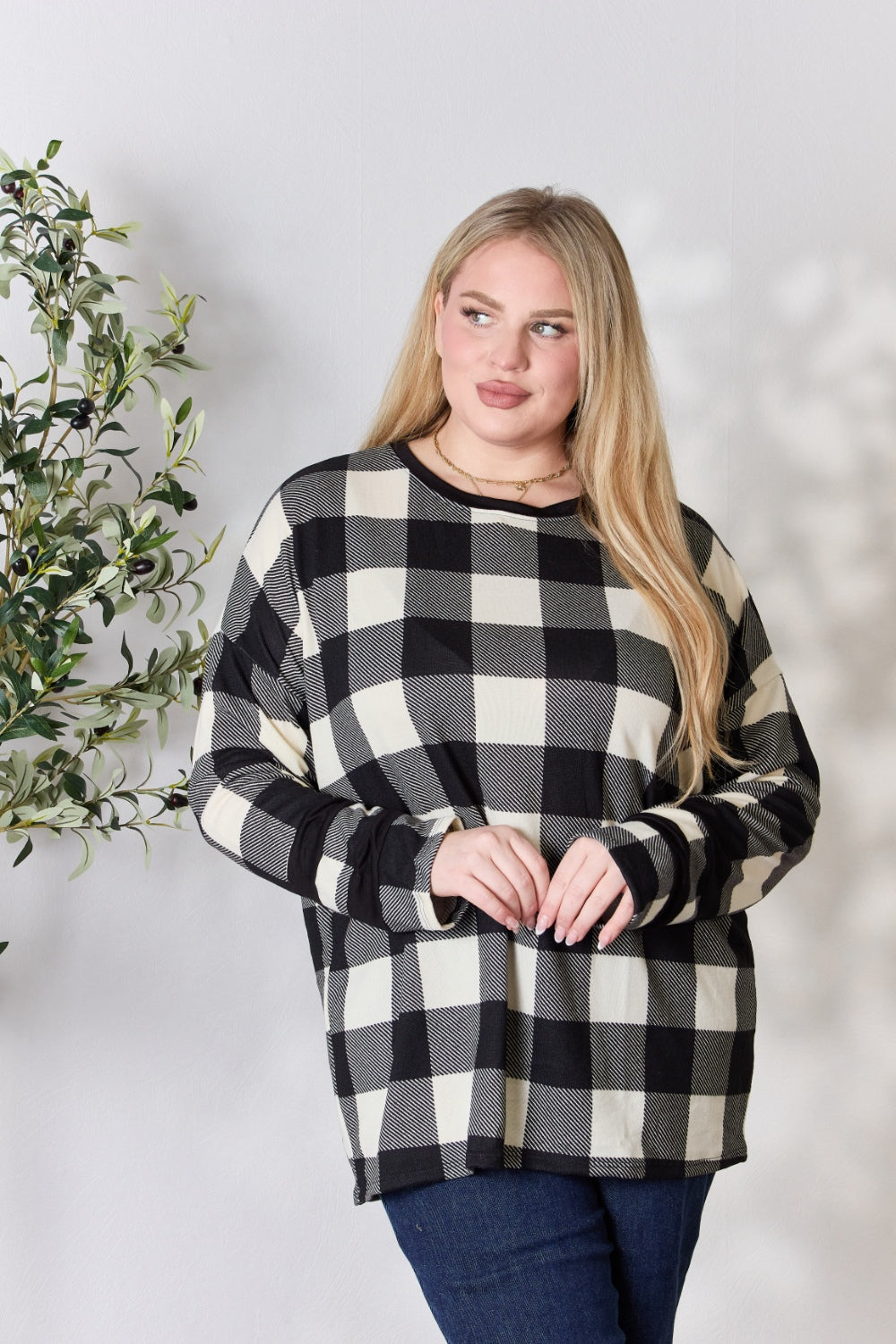 “The Checkered Celeste” Full Size Plaid Round Neck Long Sleeve T-Shirt